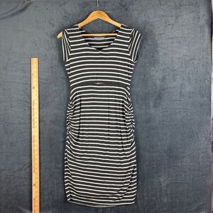 Loveappella Black and White stripped Ruched Maternity Midi Dress Sz Medium